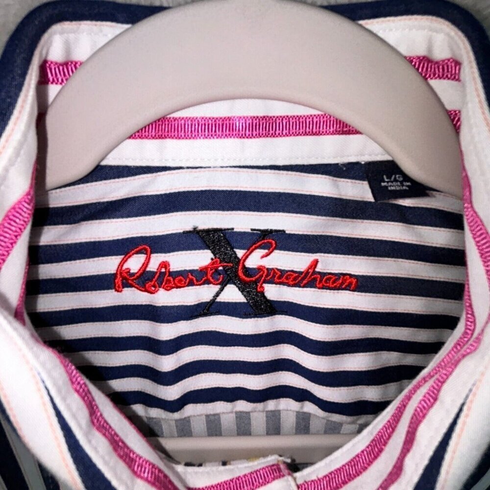 Robert Graham L Shirt Mens Large Navy Blue Striped Pink Flip Cuff Green Trim 100 - Picture 4 of 11